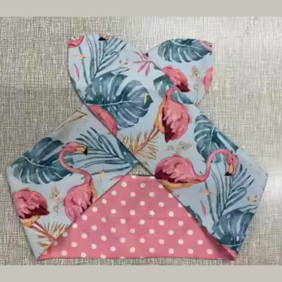 Flamingo Wired Hair Tie with tropical print in blue and pink, featuring a polka dot base, perfect for a stylish hair accessory.