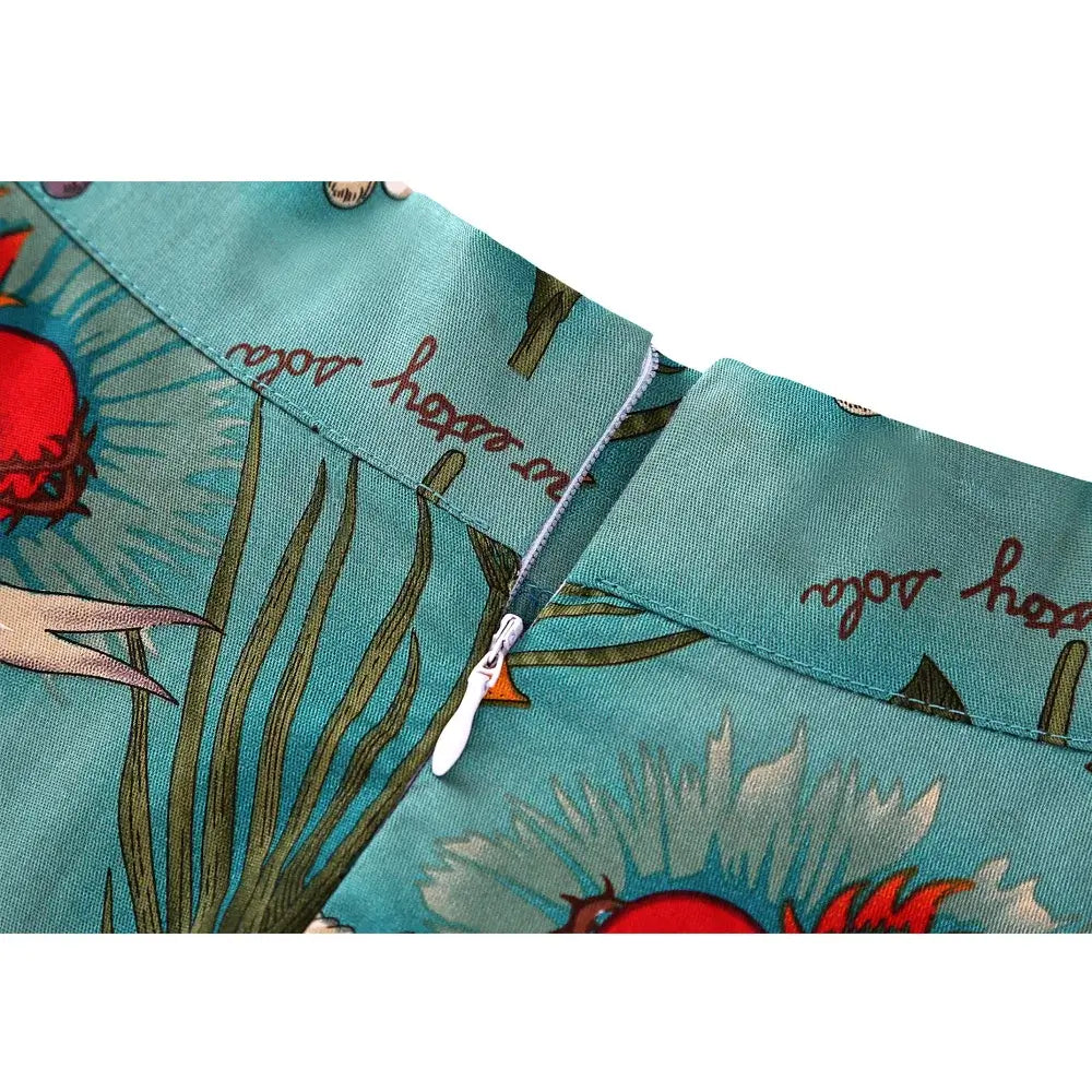 Close-up of the zipper detail on a Frida Kahlo flared skirt featuring vibrant prints and cotton fabric.