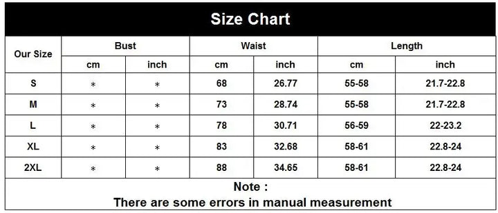 Size chart for clothing including bust, waist, and length measurements for sizes S to 2XL.