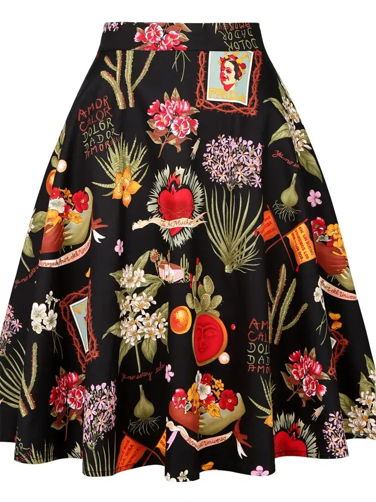 Frida Kahlo inspired flared skirt with vibrant floral prints, knee-length A-line, made of breathable cotton and spandex.