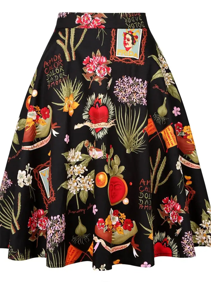 Frida Kahlo inspired flared skirt with vibrant floral prints, knee-length A-line, made of breathable cotton and spandex.