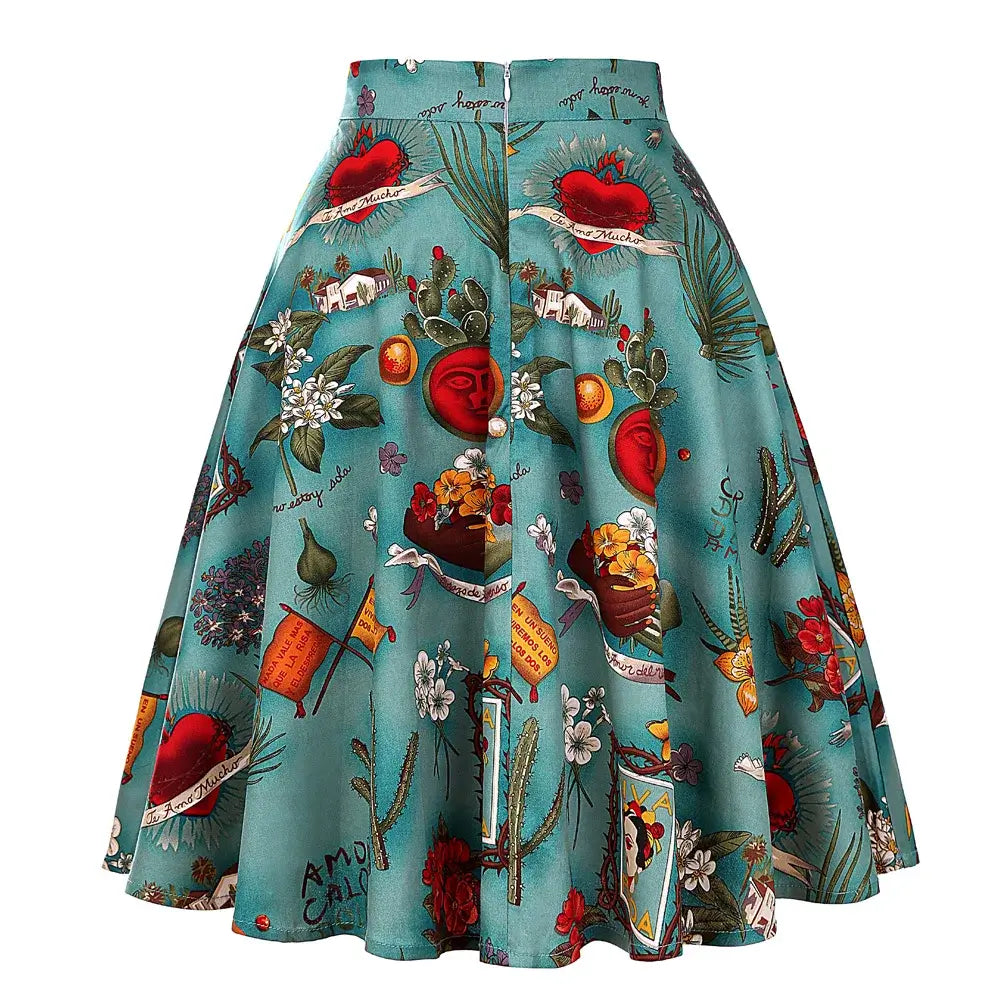 Frida Kahlo-inspired flared skirt with vibrant prints, made of breathable cotton for all-day comfort and style.