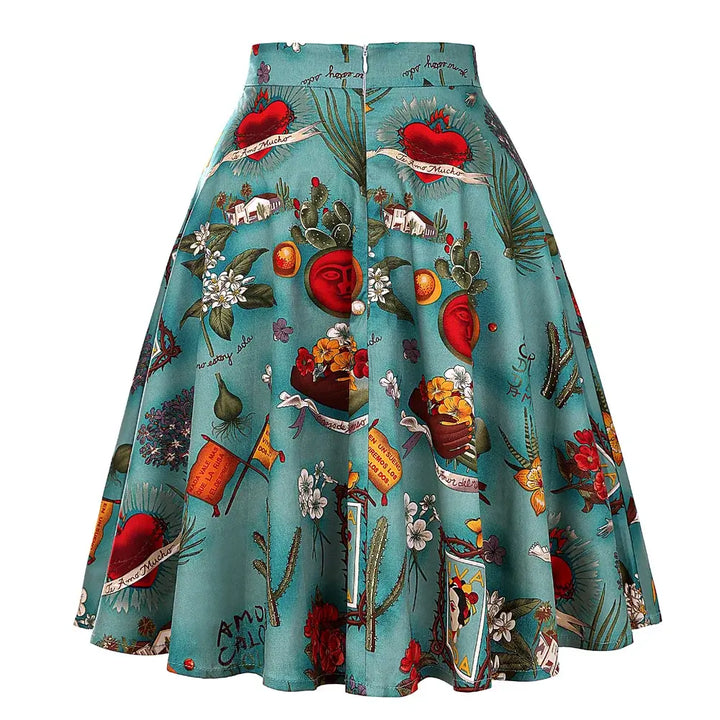 Frida Kahlo-inspired flared skirt with vibrant prints, made of breathable cotton for all-day comfort and style.