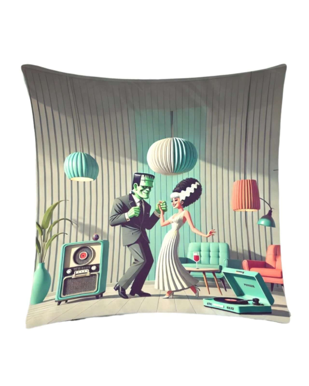 Ghouls A-Go-Go throw pillow cover featuring Frankenstein and his Bride dancing in a retro lounge with colorful dรฉcor.