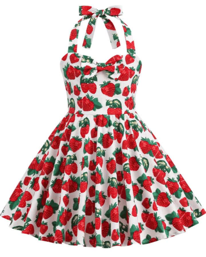 Girls Strawberry Halter Rockabilly Dress with playful strawberry print and vintage A-line silhouette.