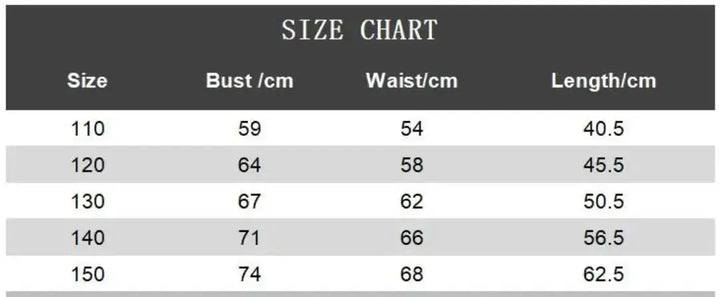 Size chart for girls' clothing, listing bust, waist, and length measurements in centimeters for sizes 110 to 150.