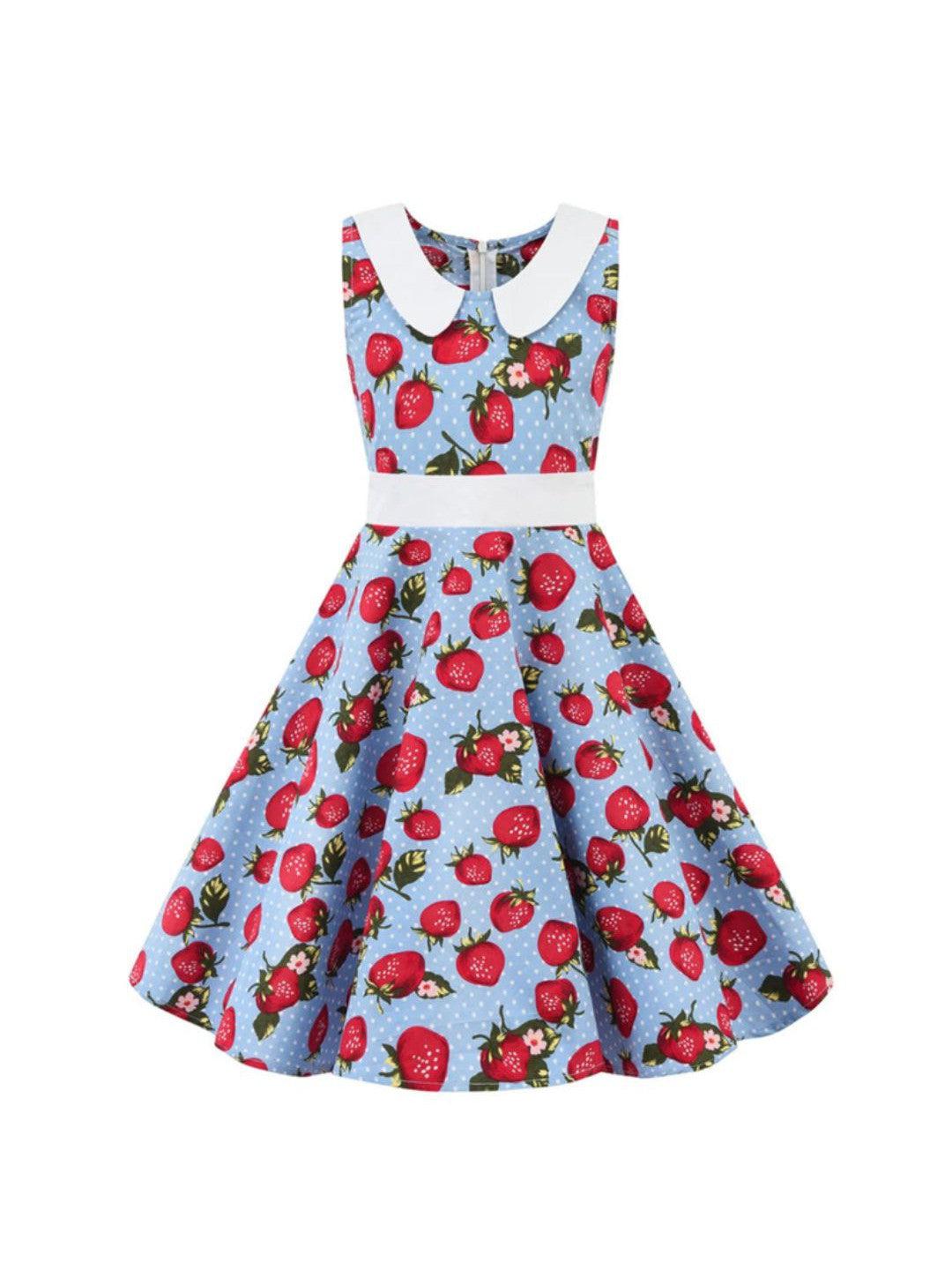 Girls Strawberry Polka Dot Blue Rockabilly Dress