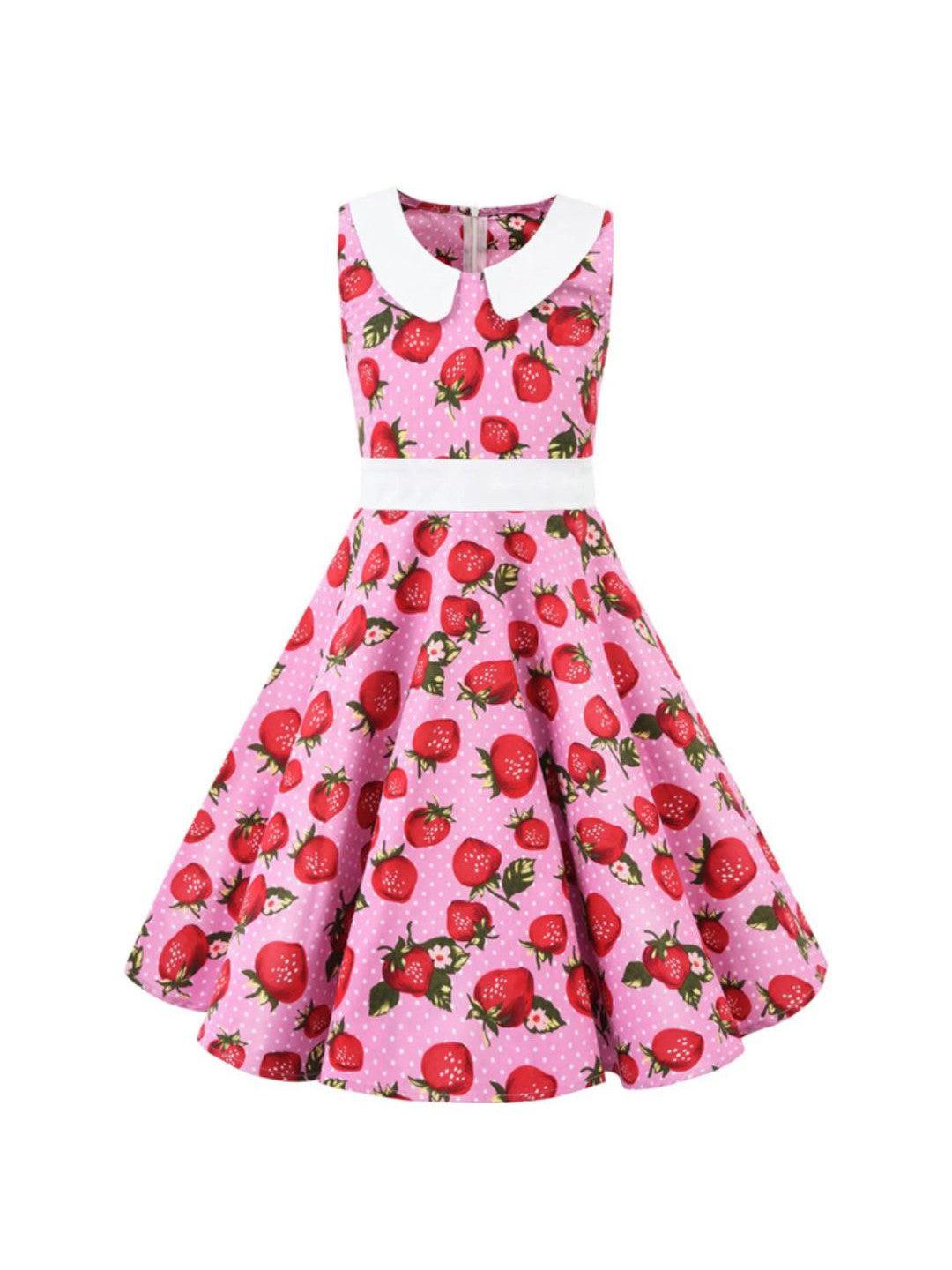 Girls Strawberry Polka Dot Pink Rockabilly Dress
