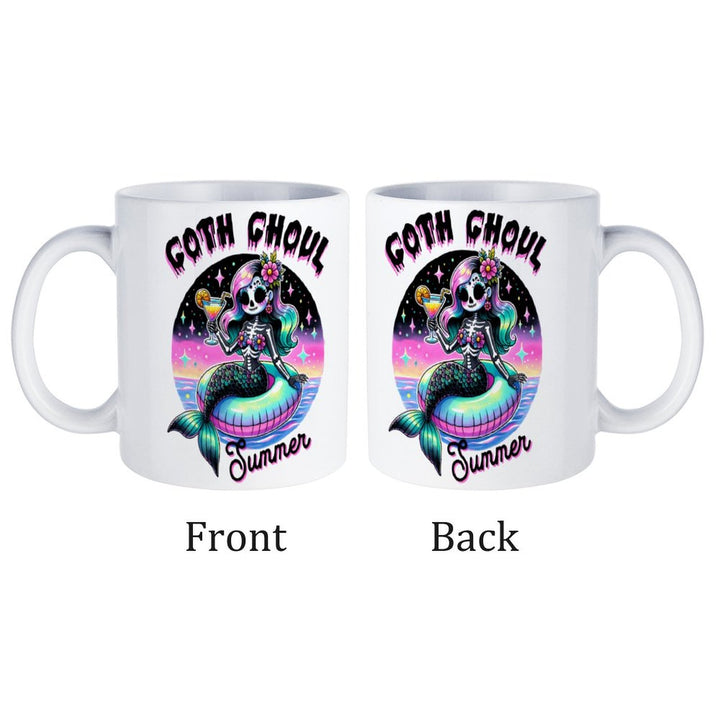 Goth Ghoul Summer White Mug featuring a colorful mermaid design, perfect for coffee, tea, or gifting.