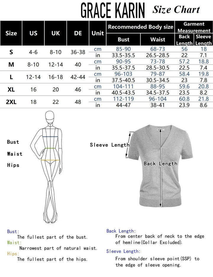 Grace Karin size chart detailing measurements for short sleeve cardigans, including bust, waist, hips, and sleeve lengths.