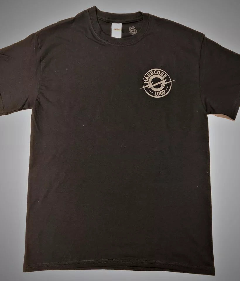 HardCore Logo Men's T-Shirt from Shifty Pete's Garage, black Gildan shirt, classic fit for style and comfort.