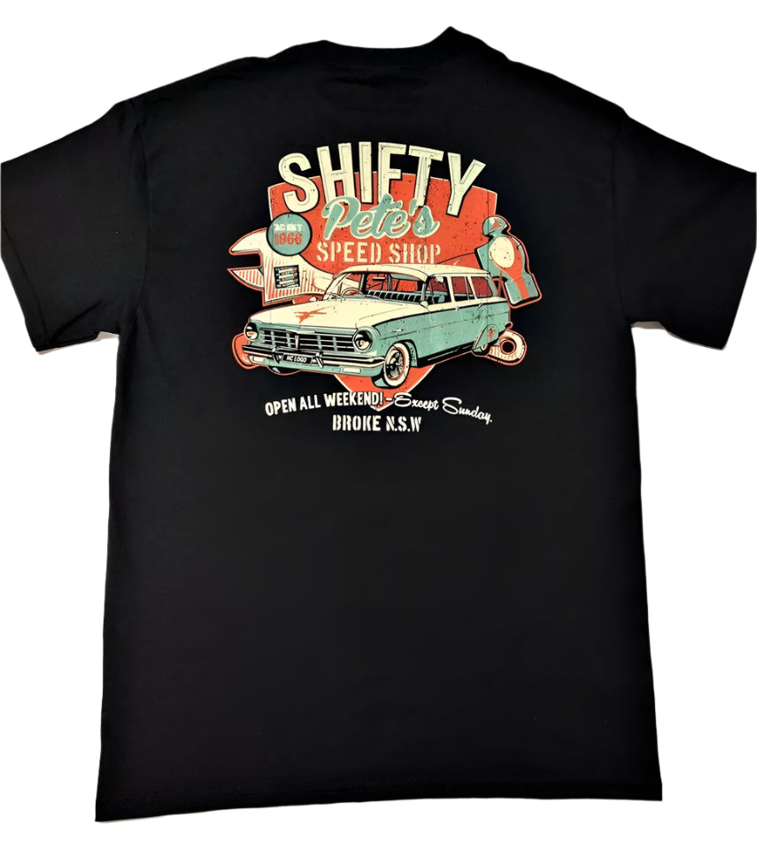 Back design of HardCore Logo men's T-shirt featuring Shifty Pete's Speed Shop vintage car graphic.