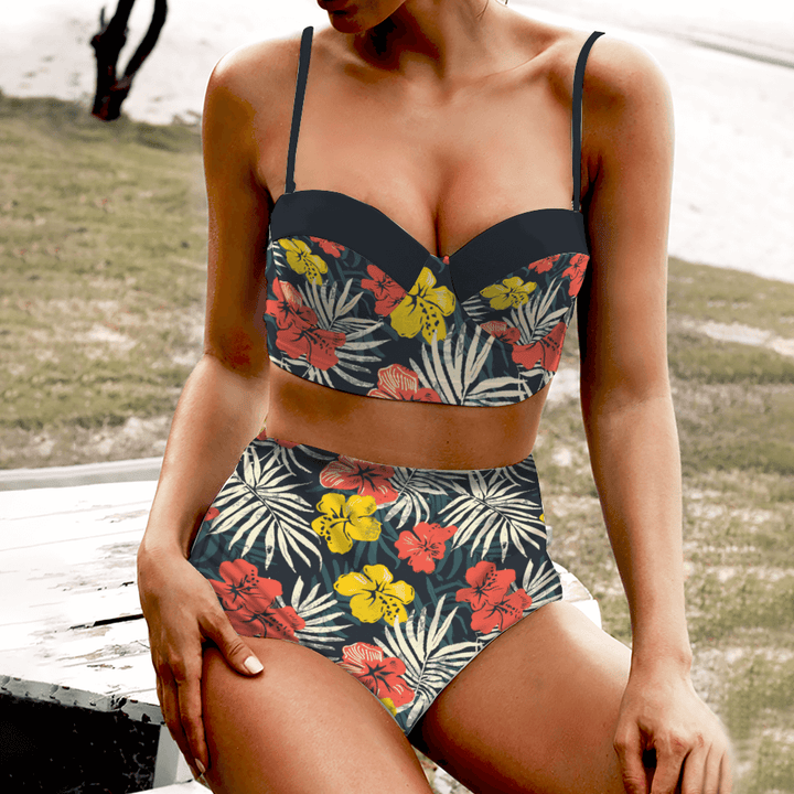 Hawaii high waist retro bikini with vibrant hibiscus print, perfect for beach and pool wear, featuring underwire support.