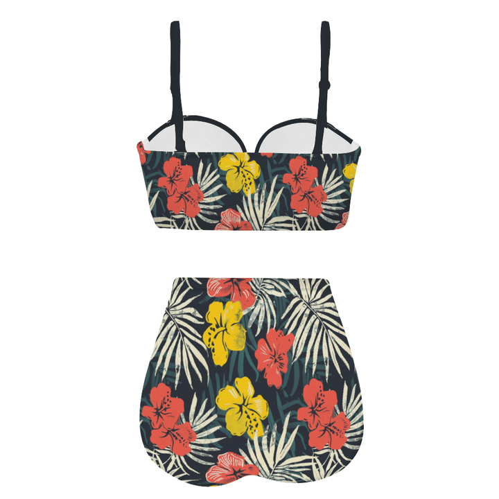 Hawaii high waist retro bikini with hibiscus print, featuring underwire support and halter neck design, perfect for beachwear.