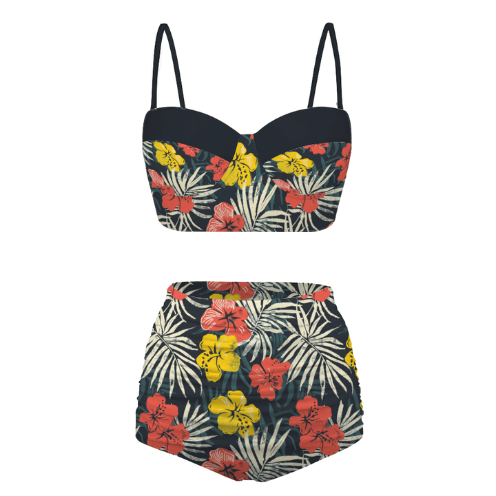 Hawaii High Waist Retro Bikini featuring vibrant hibiscus print in red and yellow, perfect for beachwear or poolside.