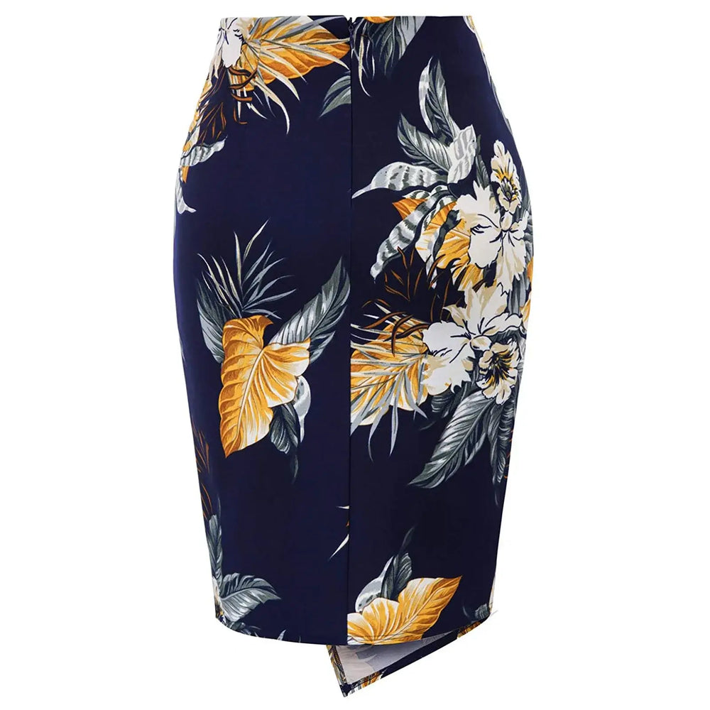 Navy Hawaiian print high waist pencil skirt with floral design, featuring a twist and knee-length style for a vintage look.
