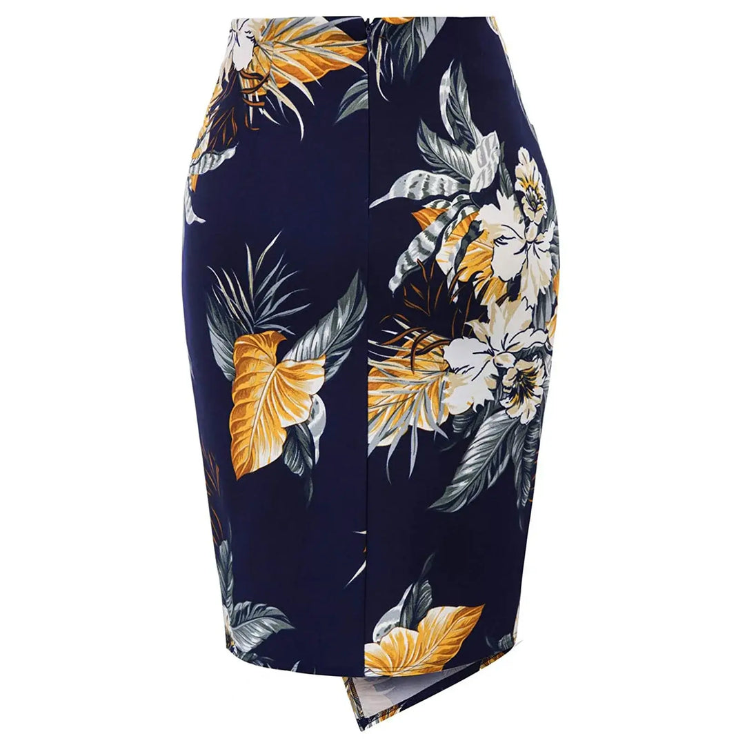 Navy Hawaiian print high waist pencil skirt with floral design, featuring a twist and knee-length style for a vintage look.