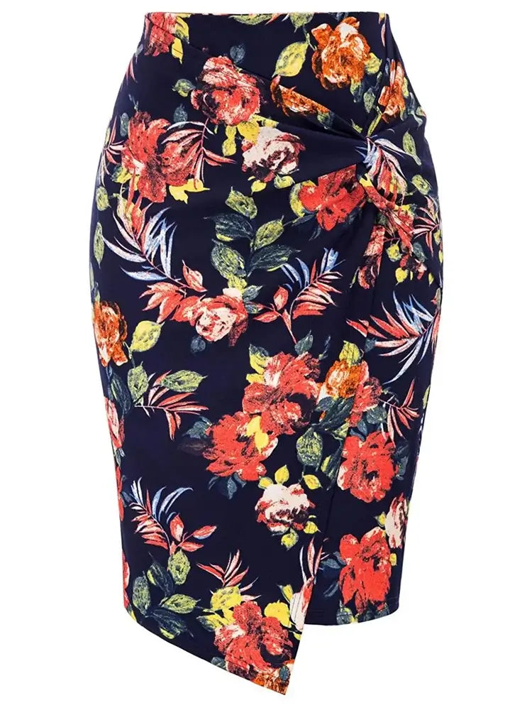 Navy Hawaiian print pencil skirt with floral design, slim fit, high waist, and asymmetric twist for a vintage-inspired look.