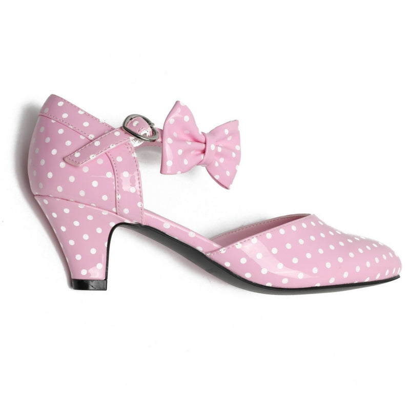 SugarPOP HighTea kitten heels in pink polka dots with removable bow, perfect retro Mary Jane shoes for women.