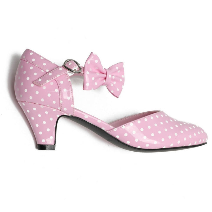 SugarPOP HighTea kitten heels in pink polka dots with removable bow, perfect retro Mary Jane shoes for women.