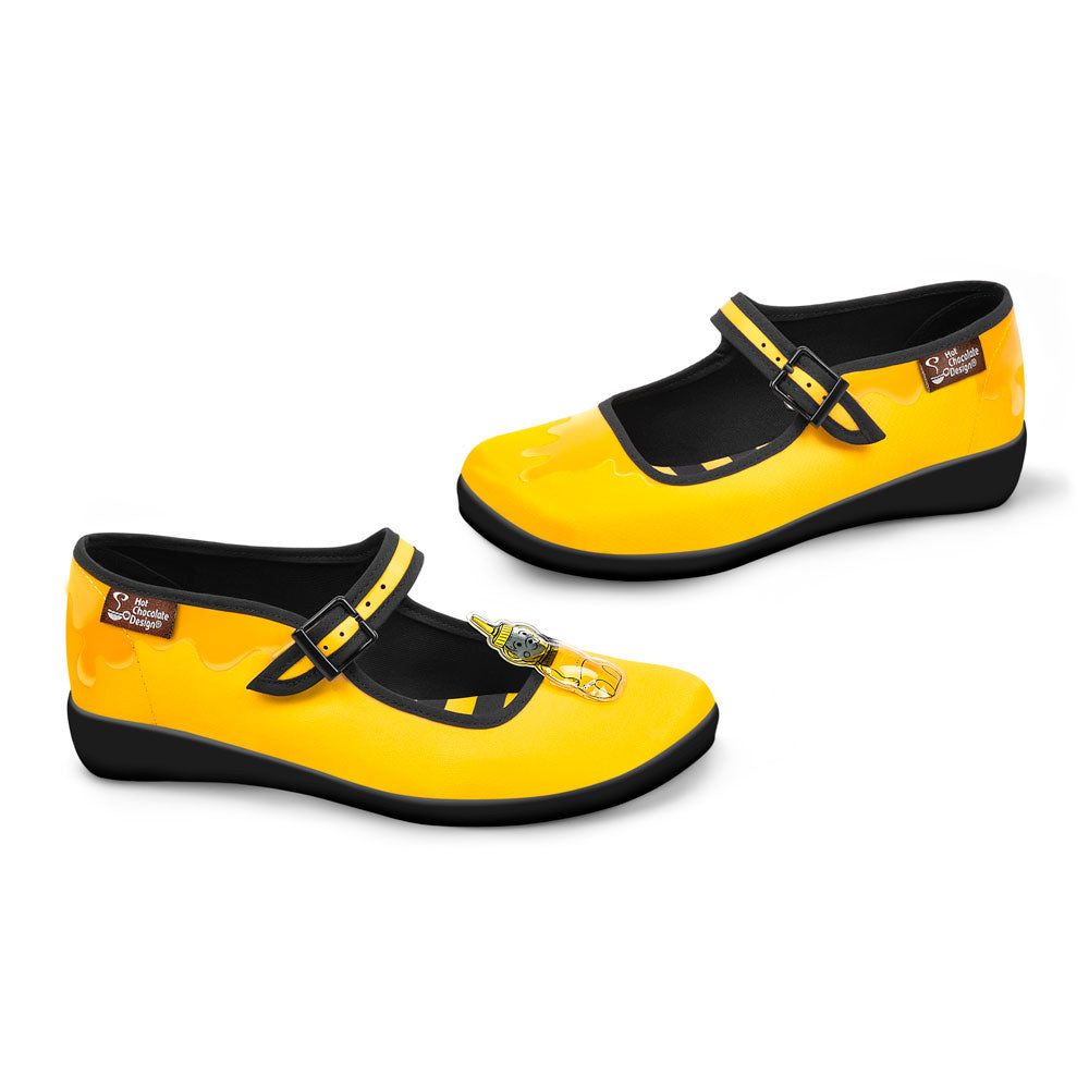 Hot Chocolate Design Oh Honey! quirky yellow mary jane shoes with honey bear accessory