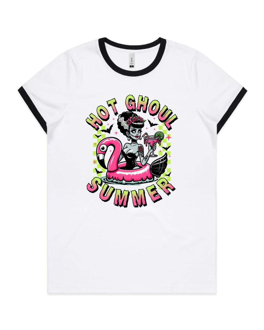 Hot Ghoul Summer Women's Ringer Tee with Bride of Frankenstein graphic on pink flamingo, perfect for poolside vibes.