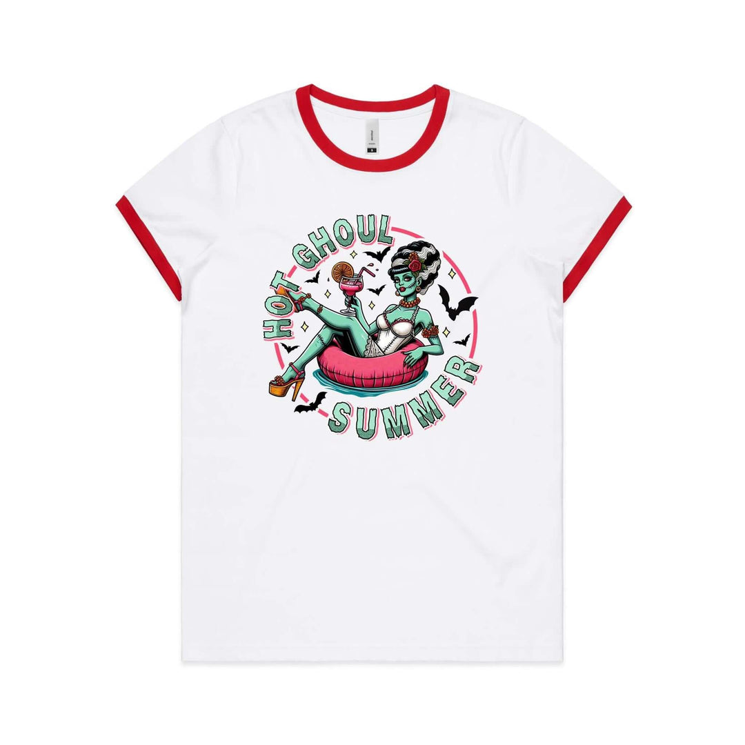 Hot Ghoul Summer women's ringer tee featuring Bride of Frankenstein in a playful summer setting.