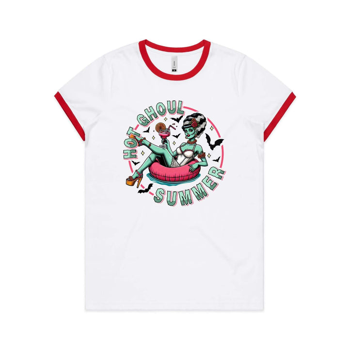 Hot Ghoul Summer women's ringer tee featuring Bride of Frankenstein in a playful summer setting.