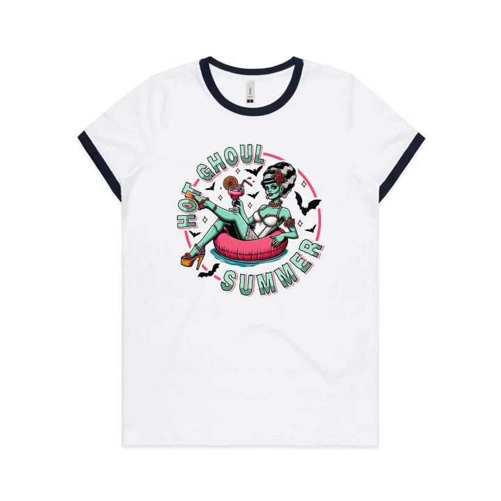Hot Ghoul Summer Women's Ringer Tee featuring Bride of Frankenstein graphic in a playful summer design.
