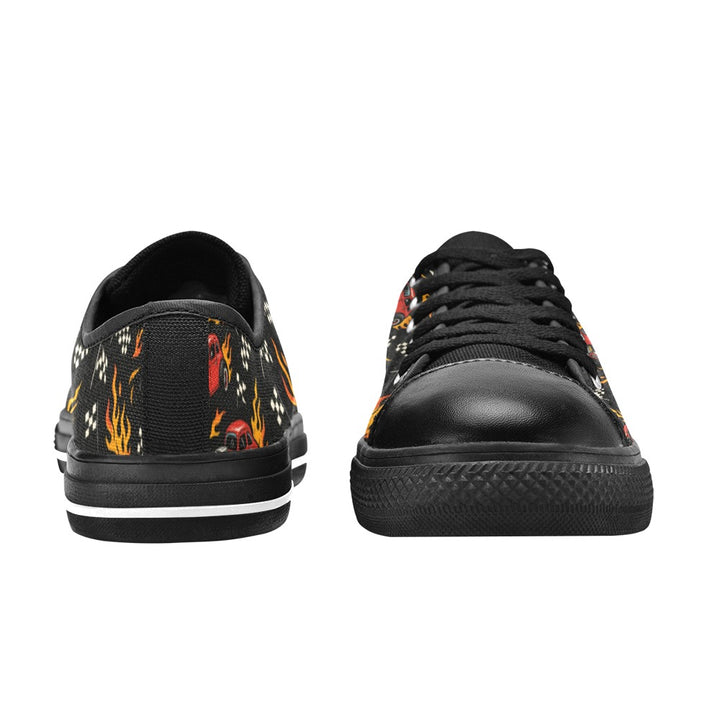 Hot Rod Kids Sneakers(B) showcasing candy-apple red designs and flames on a black base, perfect for adventurous kids.