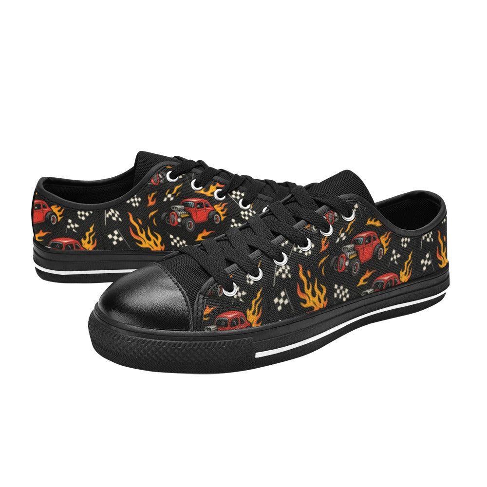Hot Rod Kids Sneakers(B) with candy-apple red hot rods and flames on a black canvas base for adventurous kids.