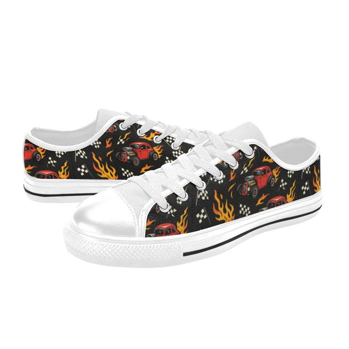 Hot Rod Kids Sneakers with candy-apple red hot rods and flames on a sleek black base for adventurous kids.