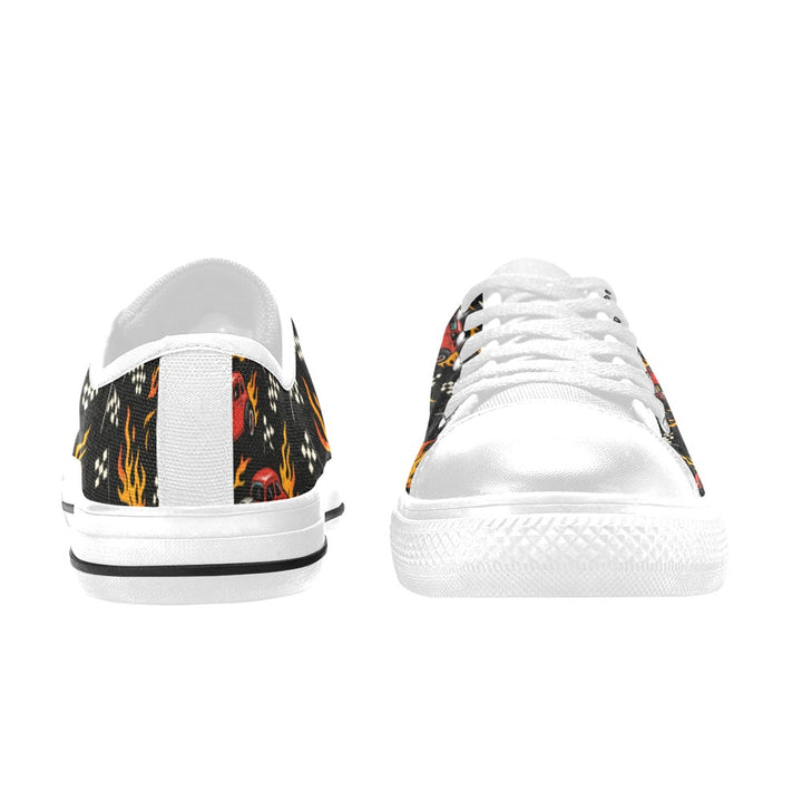 Hot Rod Kids Sneakers featuring candy-apple red hot rods and flames on a sleek white canvas base.