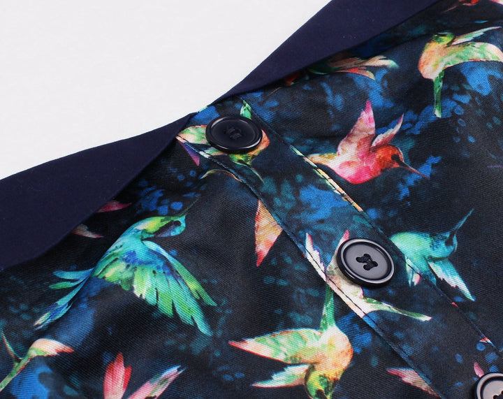 Hummingbird Print Sweetheart Halter A-Line Dress button detail and navy blue fabric close-up