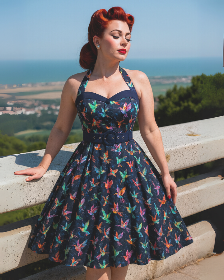 Hummingbird Print Sweetheart Halter A-Line Dress worn by a model against a scenic backdrop, showcasing vintage rockabilly style.