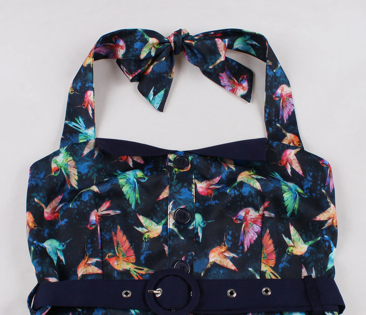 Hummingbird Print Sweetheart Halter A-Line Dress featuring colorful birds and chic halter tie detail in navy blue.