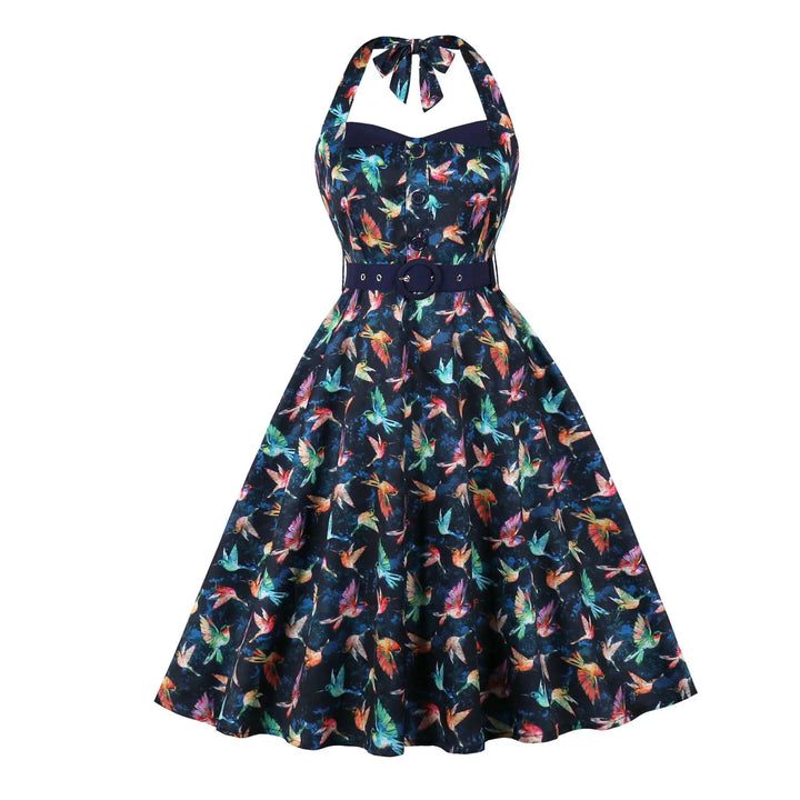 Hummingbird Print Sweetheart Halter A-Line Dress featuring colorful birds on a navy blue background, perfect for summer occasions.