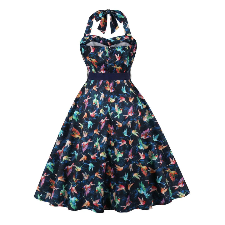 Hummingbird Print Sweetheart Halter A-Line Dress in navy blue rockabilly style with colorful bird pattern.