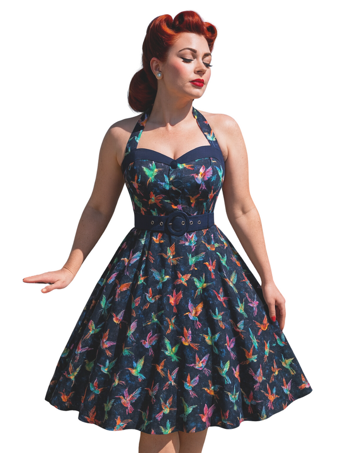 Hummingbird Print Sweetheart Halter A-Line Dress in navy blue rockabilly style with vibrant prints, perfect for summer outings.