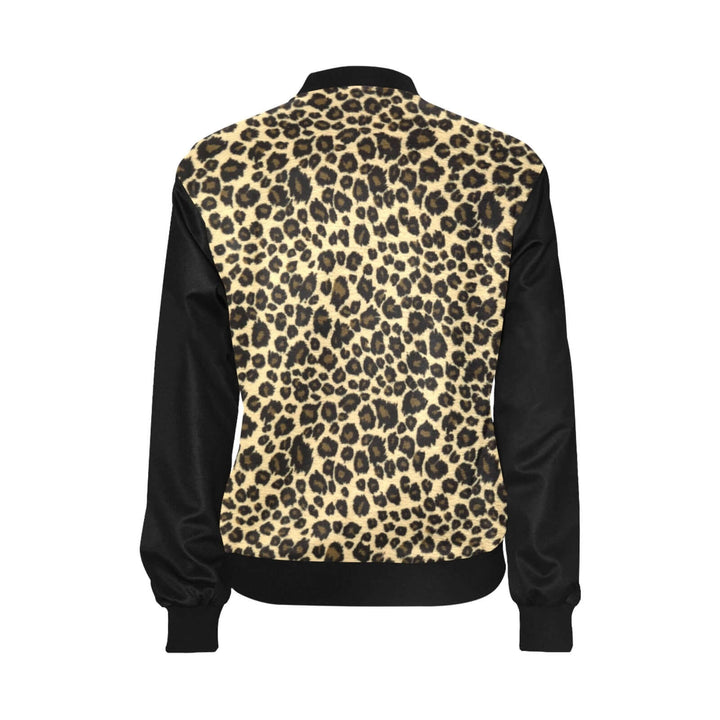 Leopard print women's bomber jacket featuring a stylish design and lightweight material, perfect for layering.
