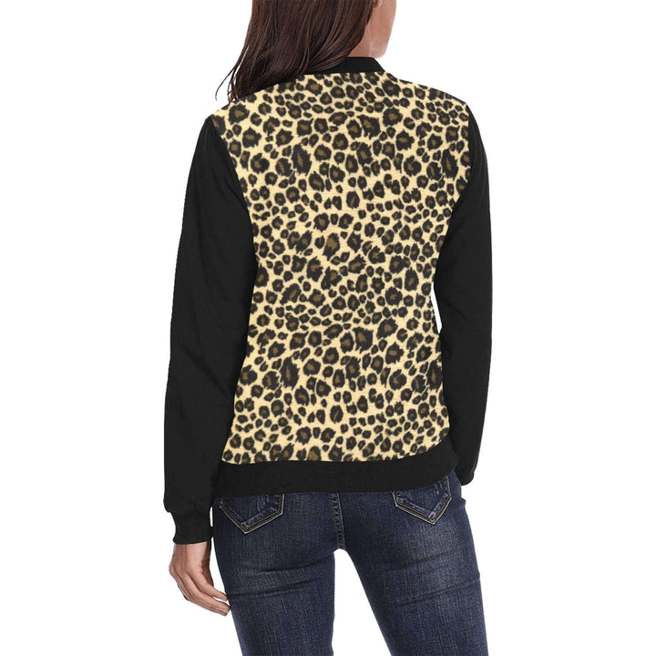 Back view of a leopard print women's bomber jacket with black sleeves, perfect for trendy layering.