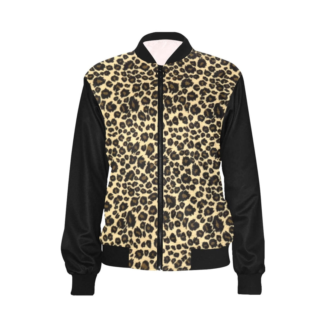 Leopard print womens bomber jacket featuring black sleeves and stylish design, perfect for layering in any outfit.