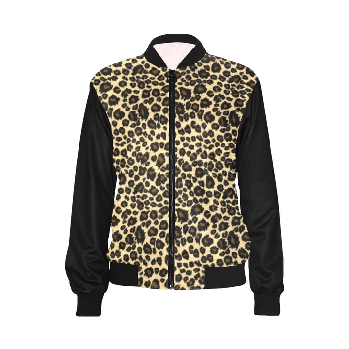 Leopard print womens bomber jacket featuring black sleeves and stylish design, perfect for layering in any outfit.