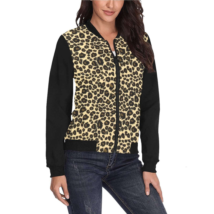 Leopard print womens bomber jacket featuring a stylish design, perfect for layering and elevating any outfit.
