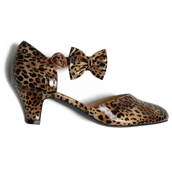 SugarPOP Minx retro leopard print kitten heels with a changeable bow and heart-shaped buckle closure.