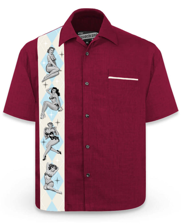 Men's burgundy bowling shirt featuring Hawaiian hula girl print, lightweight polyester fabric, easy care.