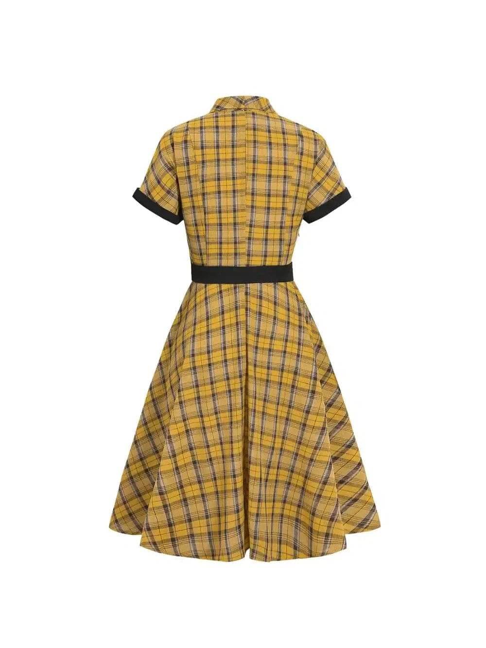Back view of the Lucille Plaid Single Breasted 50s Dress in yellow plaid, featuring a classic cut and flattering fit.