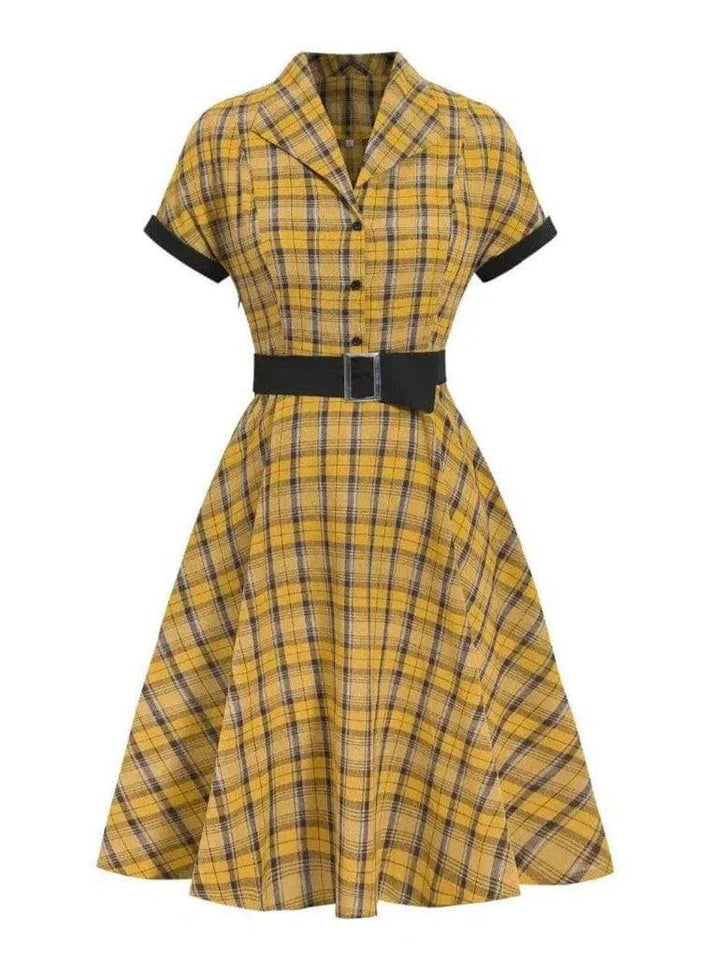 Lucille Plaid Single Breasted 50s Dress in yellow plaid with black accents, perfect for retro-inspired outfits.