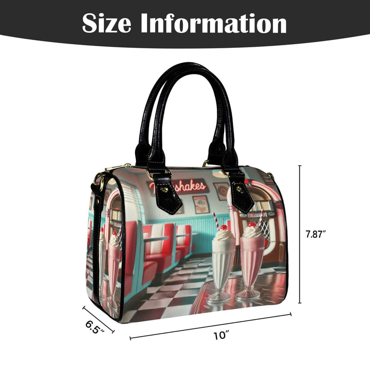Milkshake Handbag showcasing nostalgic diner design, perfect size of 10x6.5x7.87 inches for vintage style lovers.