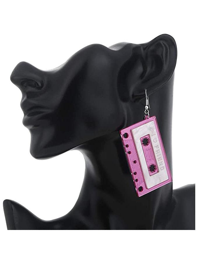 Pink Cassette Acrylic Drop/Dangle Stud Post Earrings
